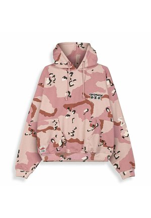 Felpa con cappuccio mimetica rosa e beige con tasca frontale, cappuccio con coulisse, scritta e logo "grimey" sul petto e design a stella sulla manica.