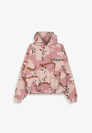 Felpa con cappuccio mimetica rosa e beige con tasca frontale, cappuccio con coulisse, scritta e logo "grimey" sul petto e design a stella sulla manica.