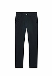 Black trousers made of a smooth, woven fabric with a tailored fit. Features front pockets, a metal button closure, and minimal detailing.