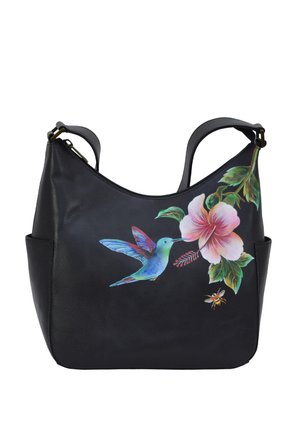 Black shoulder bag with painted design of a blue hummingbird feeding from a pink flower and a small bee near green leaves.