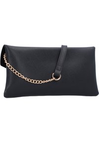 Black clutch purse made of textured material, featuring a gold-toned chain strap and a flap closure with a matching tab.