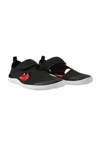 Black mesh shoes with open sides, white rubber soles, hook-and-loop straps, and red accents on the interior lining. Lightweight design.