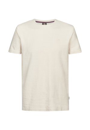 Beige effen T-shirt met korte mouwen, ronde hals en subtiele structuur op een witte achtergrond.