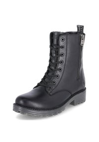 Schwarze Leder-Ankle-Boots mit runder Zehenpartie, Schnürverschluss vorne, seitlichem Reißverschluss und strukturiertem Gummisohle. Mit einem Markenanhänger oben.