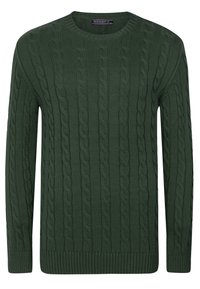 Pull vert en tricot avec un motif torsadé, un col rond et des poignets et ourlet côtelés. Confectionné en tissu texturé pour plus de chaleur.