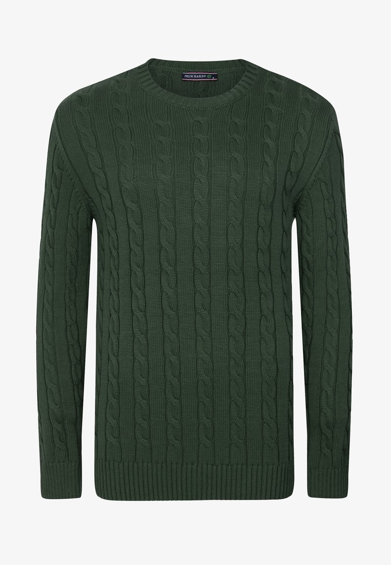 Pull vert en tricot avec un motif torsadé, un col rond et des poignets et ourlet côtelés. Confectionné en tissu texturé pour plus de chaleur.