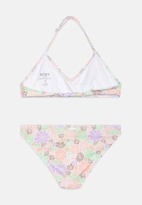 Floral bikini set in pastel shades. Top features triangular cups and adjustable straps; bottom has a matching pattern with elastic waist.