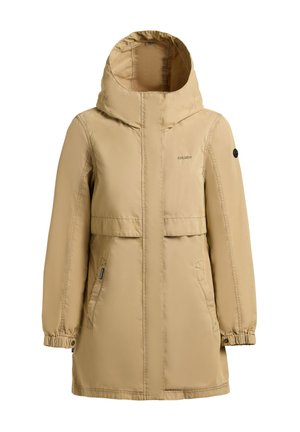 Cappotto invernale lungo beige con cappuccio, cerniera frontale, tasche con patta, polsini elastici e logo sul petto e sulla manica sinistra.