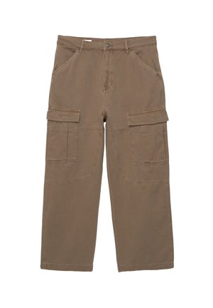 Khaki cargo bukser lavet af bomuldsstof, med en afslappet pasform, to forlommer og to store lommere på lårene.
