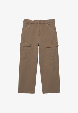 Khaki Cargo-Shorts aus Baumwollstoff mit einem lockeren Schnitt, zwei Fronttaschen und zwei großen Oberschenkel-Taschen.