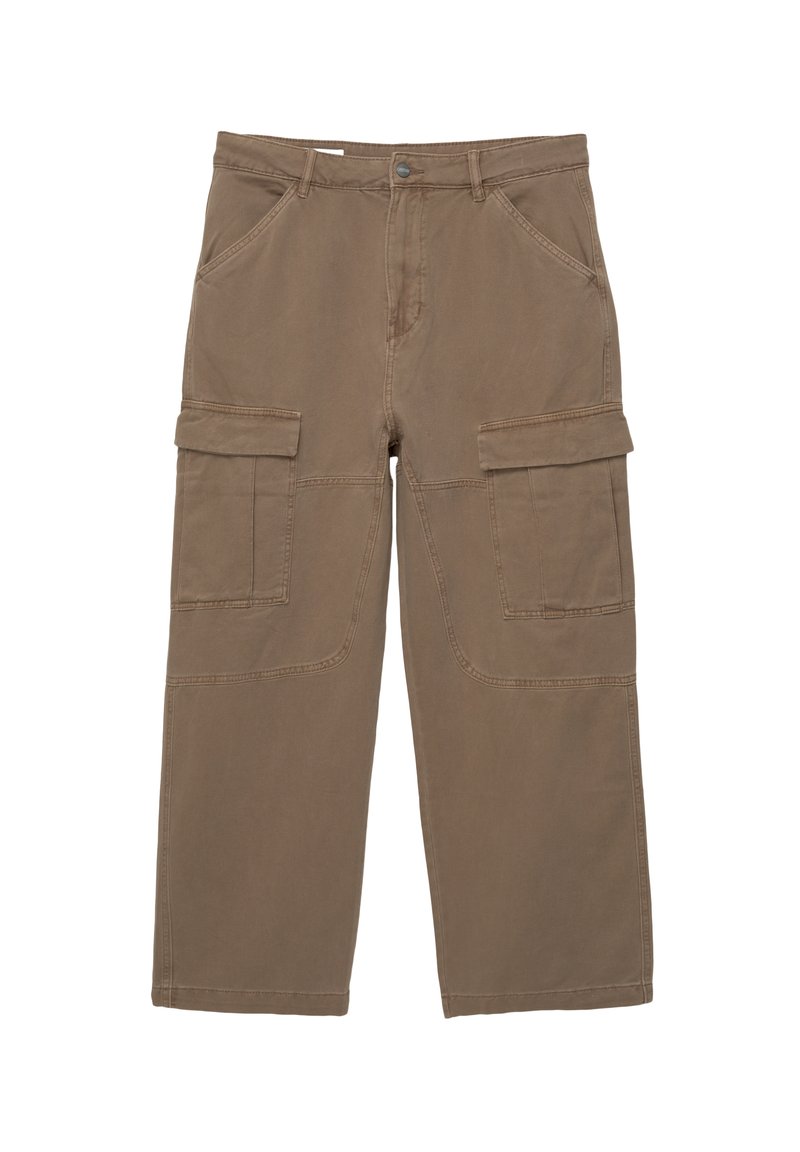 Khaki cargo nohavice vyrobené z bavlneného materiálu, s uvoľneným strihom, dvoma prednými vreckami a dvoma veľkými vreckami na stehnách.
