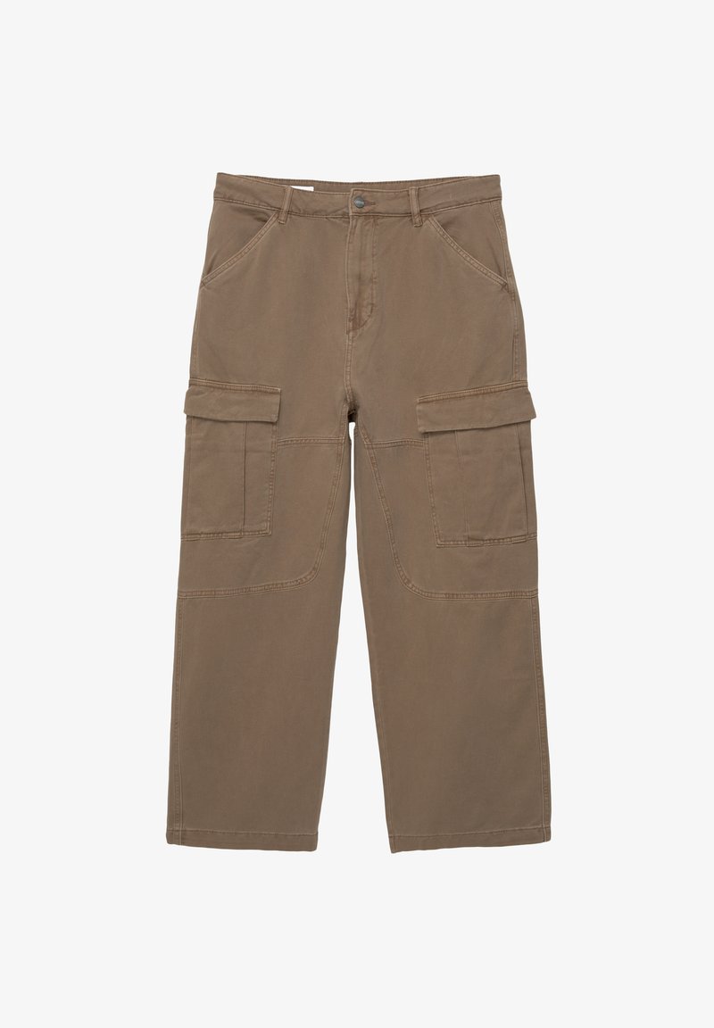 Khaki cargo kalhoty vyrobené z bavlněné tkaniny, s uvolněným střihem, dvěma předními kapsami a dvěma velkými kapsami na stehnech.