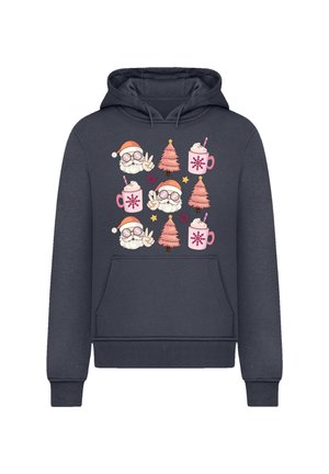 Navy-Hoodie mit einer Fronttasche, die bunte festliche Illustrationen von Weihnachtsmann, Weihnachtsbäumen und Bechern mit dekorativen Akzenten zeigt.