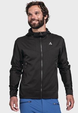 Schwarze Zip-Jacke mit Kapuze, aus strukturiertem Stoff, mit seitlichen Taschen und einem kleinen Logo auf der Brust.