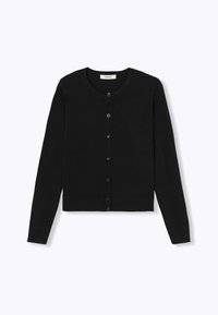Cardigan noir en tissu doux avec des manches longues, un col rond et une fermeture à boutons. Présente un design court et des poignets côtelés.