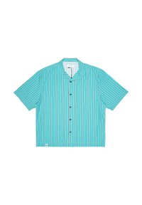 Camicetta a maniche corte con bottoni di colore turchese, decorata con righe verticali arancioni, rosse e bianche. Presenta un colletto a camicia e cinque bottoni.