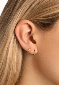 Orecchini a cerchio in oro con un design intrecciato, caratterizzati da una superficie liscia e piccoli dettagli, indossati all'orecchio di un modello.