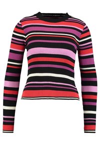 Maglione a maniche lunghe in maglia rigata con strisce orizzontali nei colori nero, rosso, viola, rosa e bianco, con scollo a girocollo.