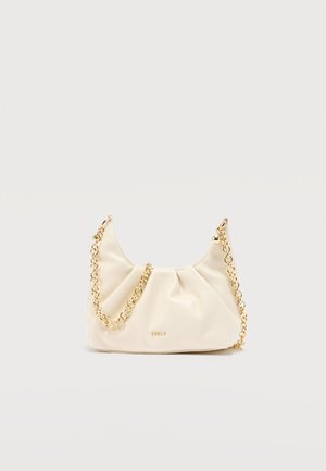 Cream-colored soft leather handbag with gold chain strap and small gold logo on front, set against a plain light background.