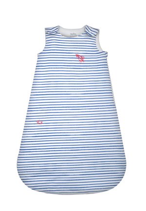 Ärmelloser Babyschlafsack mit blauen horizontalen Streifen und roten Fischmotiven, abgerundetem Boden und Schulterknopfverschlüssen.