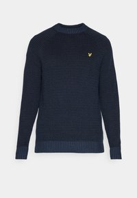 Maglione in maglia blu navy con un motivo testurizzato, polsini e orlo a coste, e un logo giallo sul petto. Collo a giro classico.