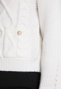 Weißer Strickpullover mit strukturierten Mustern, einer aufgesetzten Tasche und einem goldakzentuierten Perlmuttknopf. Mit gerippten Bündchen und Saum.
