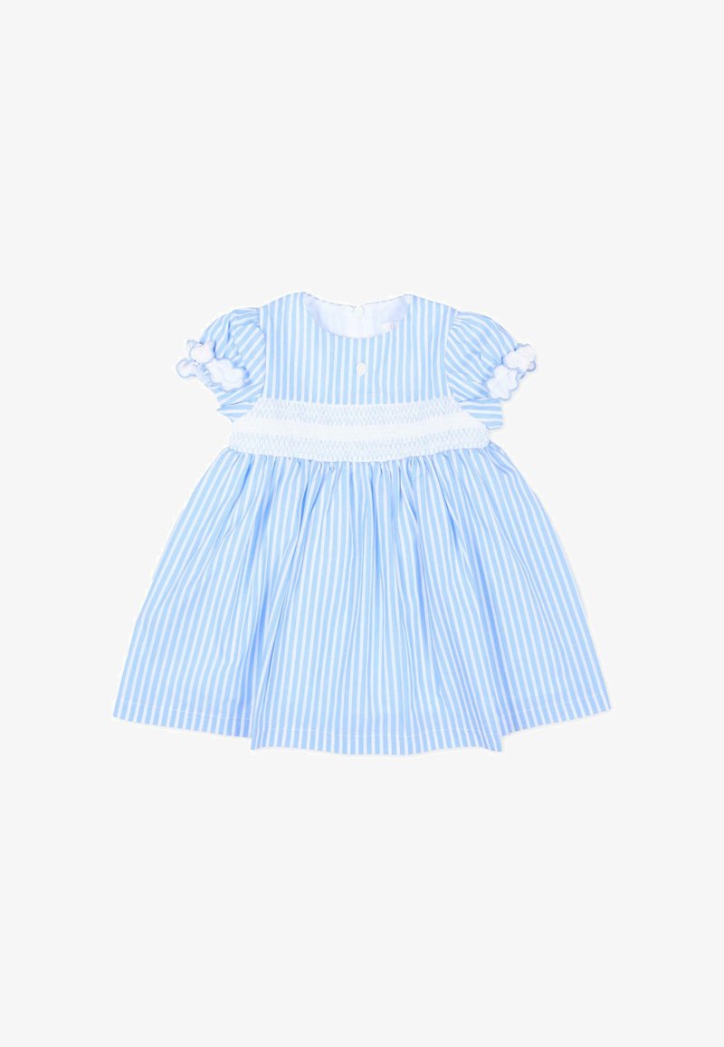 Babykleedje met blauw-witte verticale strepen, opgeblazen mouwen, een witte gerimpelde band over de borst en kleine decoratieve bloemenknopen.