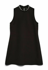 Černé šaty bez rukávů s vysokým výstřihem a zdobeným límcem s korálky. Hladká látka s rovný střihem a kapsami po stranách.