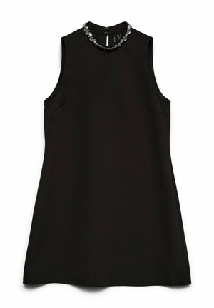 Sort ærmeløs kjole med høj krave og detaljer af perlekant. Glat stof med lige snit og sidelommer.