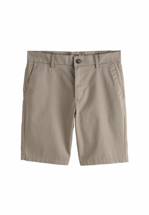 Férfi bézs chino rövidnadrág övhurkokkal, gombos záródással és oldalzsebekkel, fehér háttéren bemutatva.