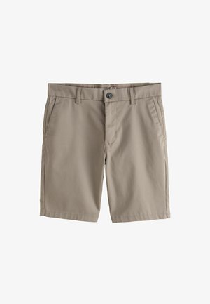Férfi bézs chino rövidnadrág övhurkokkal, gombos záródással és oldalzsebekkel, fehér háttéren bemutatva.