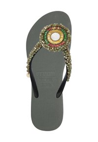 Zielone gumowe klapki z ozdobnym paskiem z koralikami, w okrągłym układzie zielonych, różowych i złotych akcentów. Teksturowana podeszwa.
