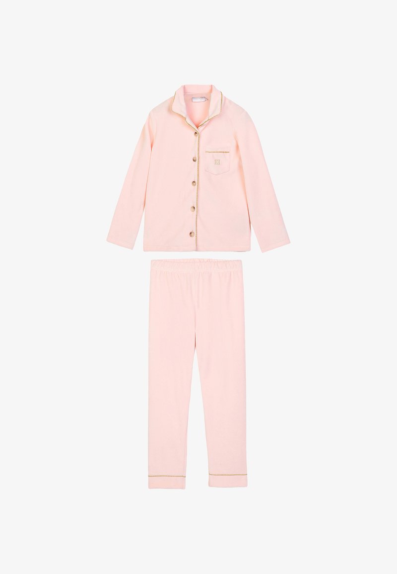 Completo pigiama rosa a maniche lunghe con maglia con bottoni, tasca e pantaloni con elastico in vita, caratterizzato da rifiniture dorate sul colletto e sui polsini.