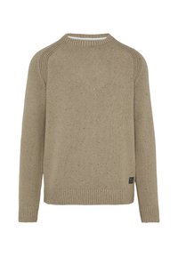 Beżowy sweter dzianinowy z okrągłym dekoltem, ściągaczami na rękawach i u dołu. Posiada fakturowany wzór z ciemniejszymi akcentami. Metka z logo na dole.