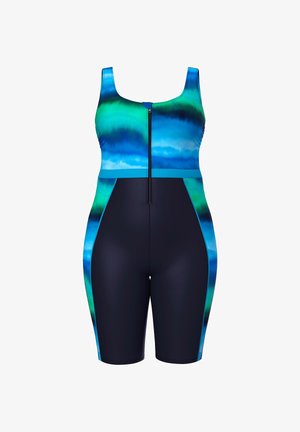 Badedragt i ét stykke med et blågrønt tie-dye mønster, kontrasterende marineblå paneler, lynlås foran og en tætsiddende pasform med brede stropper.