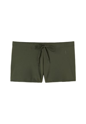 Olive green swim shorts made from stretchy material, featuring a drawstring waist and a small logo on the front left side.
