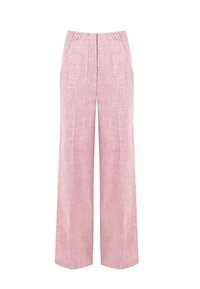 Pantaloni a gamba larga rosa in tessuto strutturato con due tasche frontali, una parte anteriore piatta e due bottoni decorativi in vita.