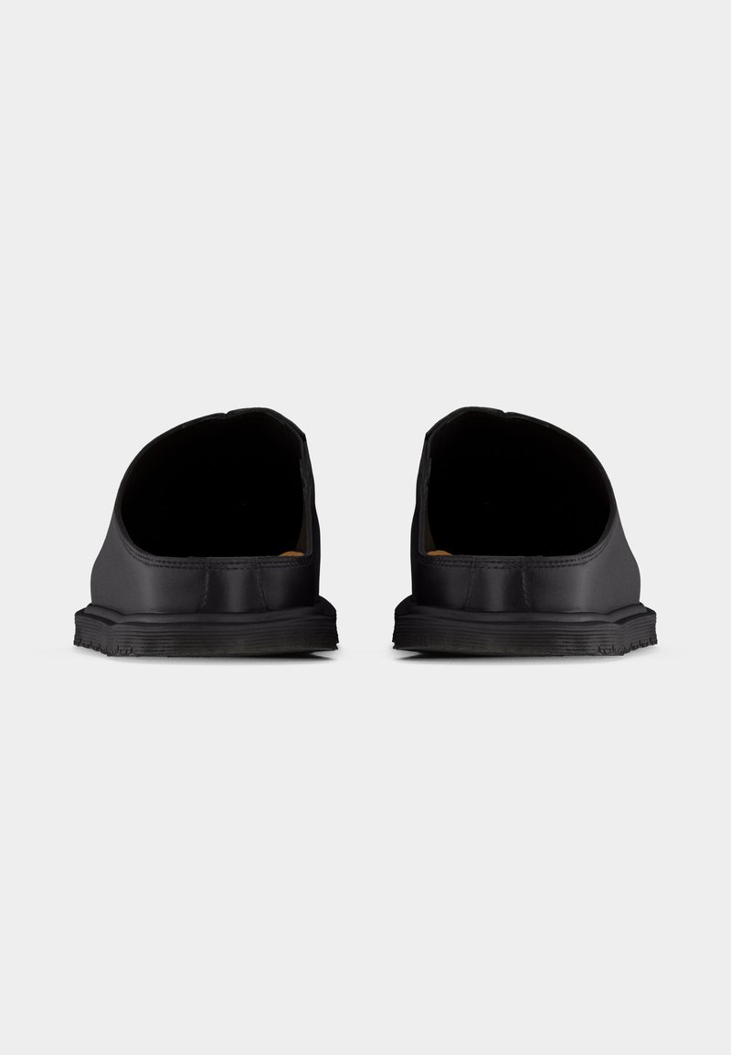 Coppia di scarpe slip-on in pelle nera viste da dietro su uno sfondo bianco, con tacchi bassi e finitura liscia.