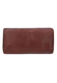 Coussin rectangulaire en cuir marron avec coutures visibles et texture lisse sur fond blanc.