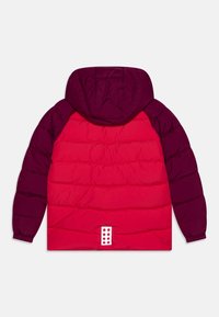 Czerwona i ciemnopurpurowa kurtka puchowa z kapturem, z pikowanym wzorem, elastycznymi mankietami oraz białym logo z tyłu.