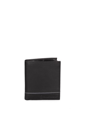 Black leather wallet with a smooth texture, bi-fold design, and subtle stitching detail along the bottom edge. Logo embossed on the front.