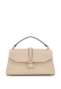 Borsa a mano beige pallido con un design strutturato, in morbida pelle sintetica, manico superiore e dettagli in metallo dorato, tra cui una chiusura e il logo.