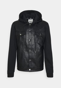 Giacca nera che combina materiali in pelle e pile, con cappuccio, bottoni a pressione, due tasche frontali e polsini a costine.