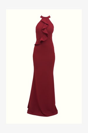 Abito bordeaux con scollo all'americana e dettagli arricciati ai lati; silhouette aderente; realizzato in tessuto liscio e elasticizzato; design lungo fino a terra.