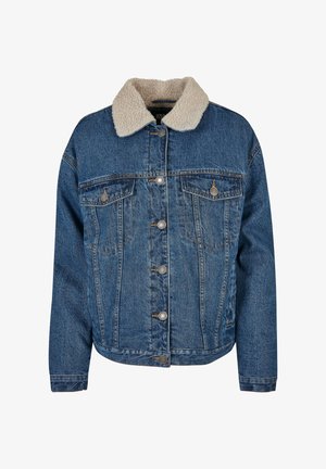 Denim jacket in dark blue with a beige faux shearling collar. Features silver hardware, two front pockets, and button closure.