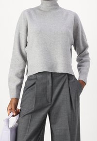 Grauer, kurz geschnittener Rollkragenpullover mit weicher Textur, ausgestattet mit gerippten Bündchen und Saum. Kombiniert mit grauen, plissierten Hosen und einer lavendelfarbenen Handtasche.