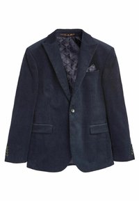 Blazer en velours côtelé bleu marine à un bouton, avec revers crantés, deux poches avant à rabat, et une doublure intérieure à motifs avec un mouchoir de poche.