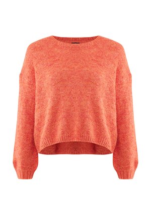 Pull tricot orange pulsant avec une coupe ample, un col rond et des manches longues légèrement bouffantes. Le tissu texturé apporte chaleur.