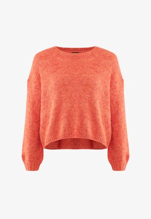 Pull tricot orange pulsant avec une coupe ample, un col rond et des manches longues légèrement bouffantes. Le tissu texturé apporte chaleur.
