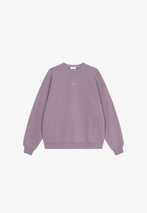 Felpa lilla con girocollo, polsini e orlo a coste, con piccolo testo bianco "OH APRIL" centrato sul petto.